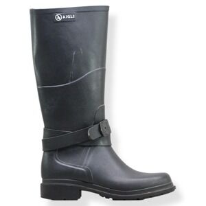 Aigle Macadames US Size Womens 8 Black Rubber Knee High Buckle Boots